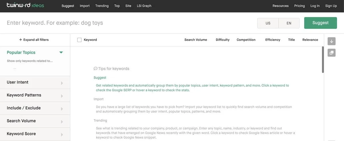 Outils d'IA pour la recherche de mots-clés : outil de recherche Twinword Ideas