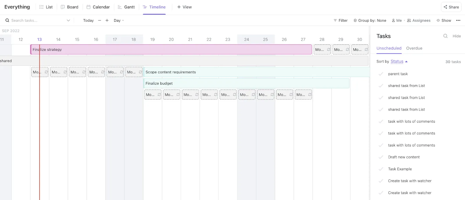 ClickUp Timeline View pro plánování mentorského programu