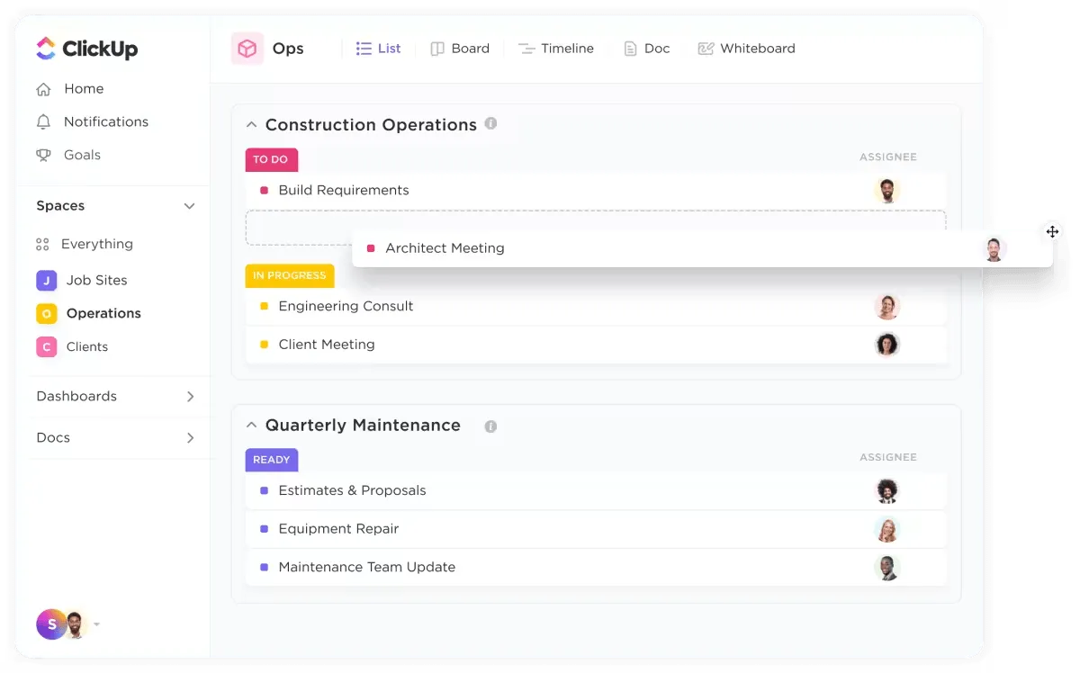 Das Tool „Construction Project Management” von ClickUp mit einigen Beispielen für Listen, die zu erledigen sind