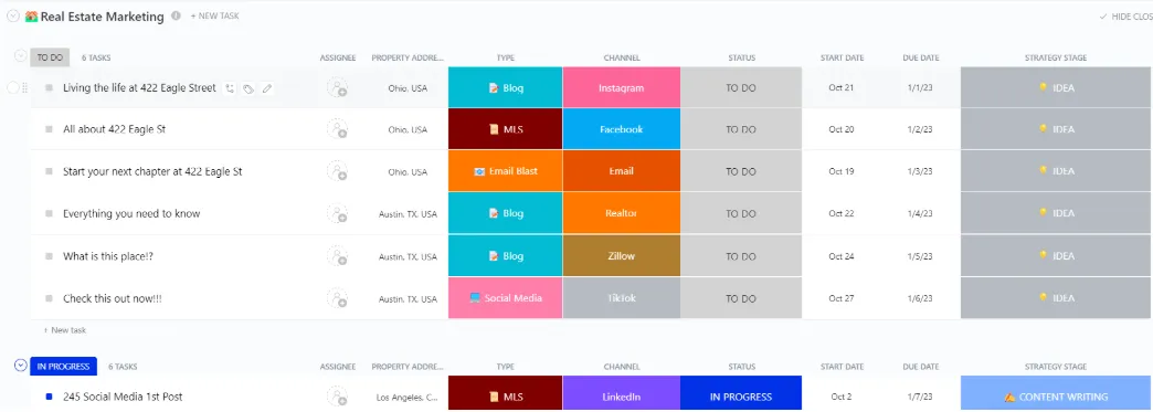 Modèle de plan marketing immobilier : Modèle ClickUp pour le marketing immobilier