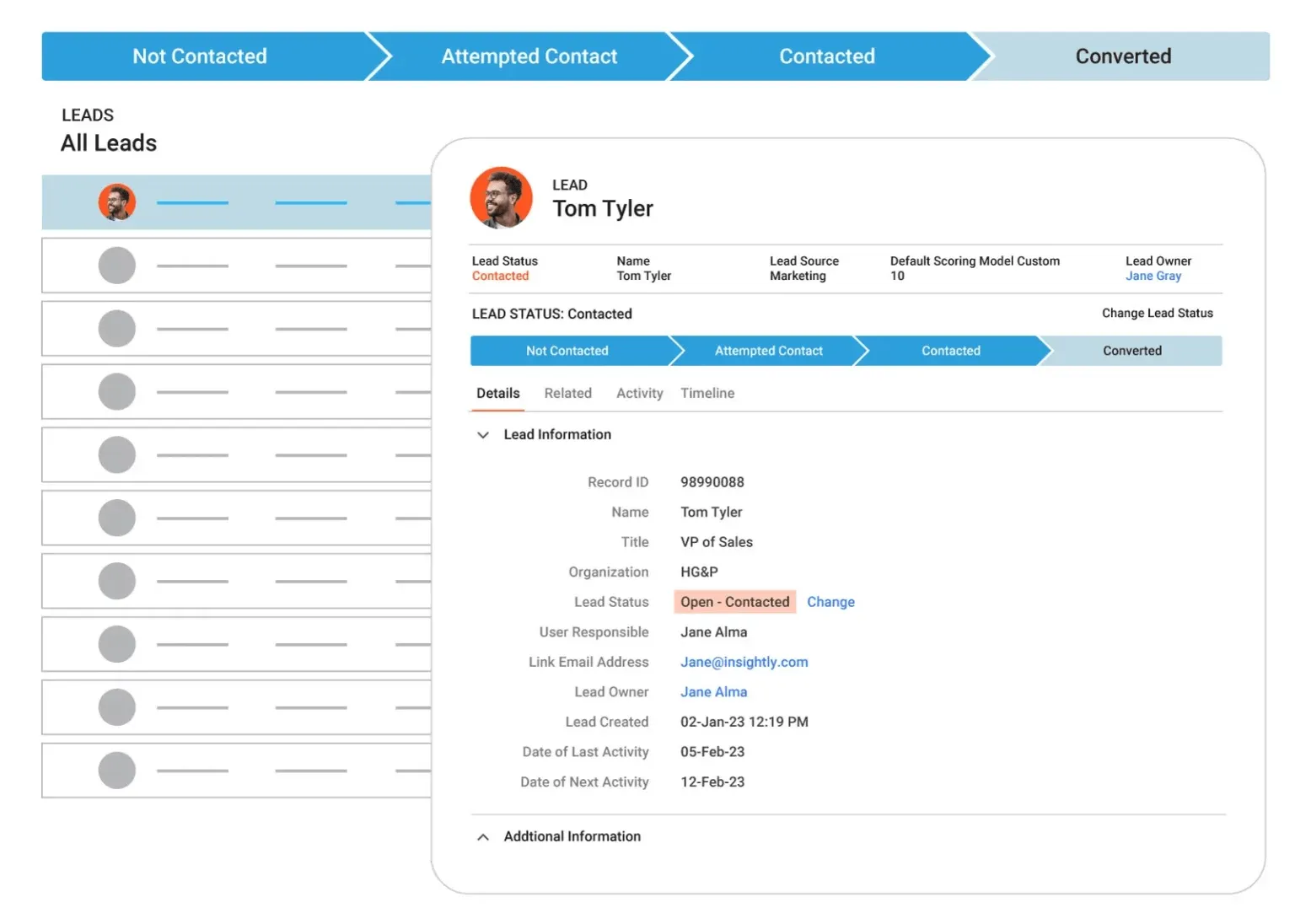 Página de status de leads do Insightly CRM