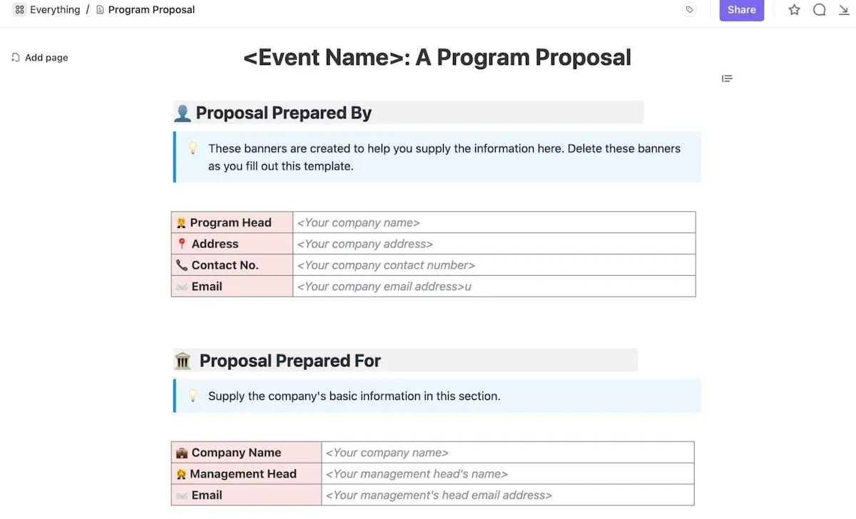 Modello di proposta di programma ClickUp