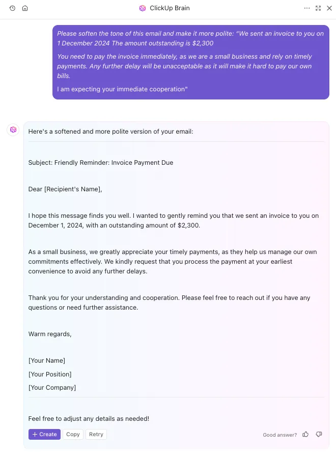 Use o ClickUp Brain para alterar o tom dos seus e-mails.