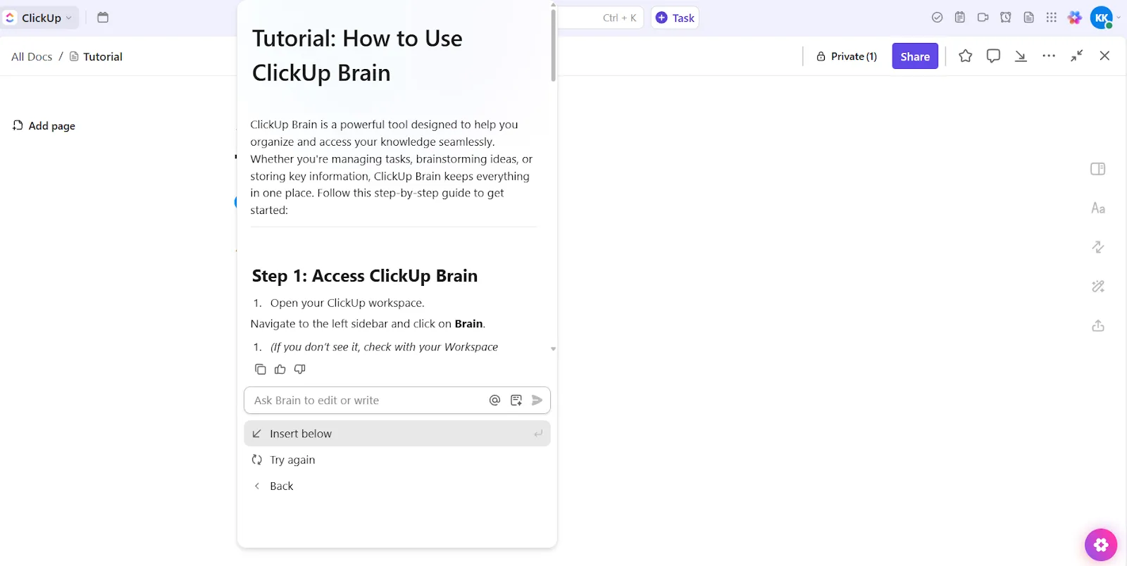 ClickUp Brain: Най-добрият софтуер за проследяване на обучението на служителите с AI
