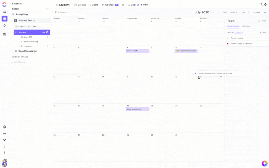 Calendario estudiantil en ClickUp