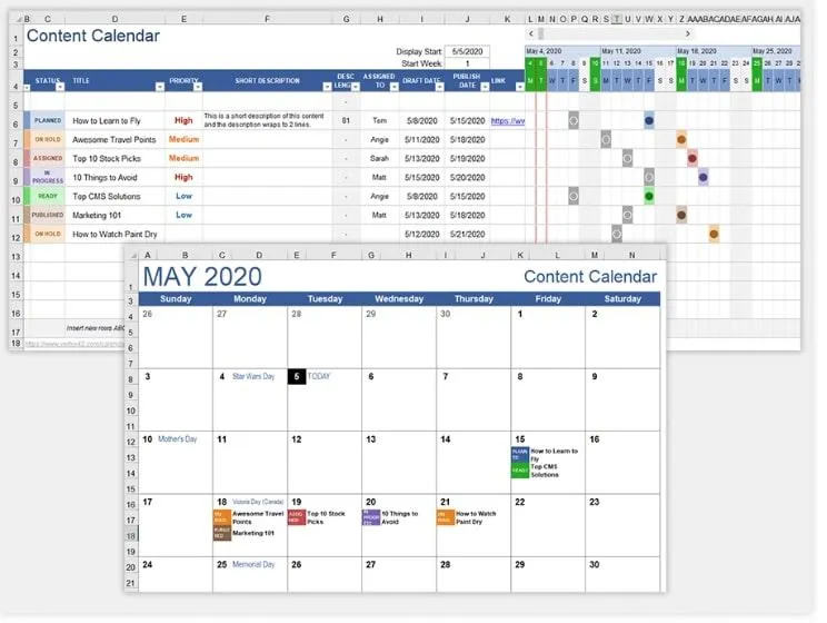 Excel-Vorlage für Content-Marketing von Vertex42
