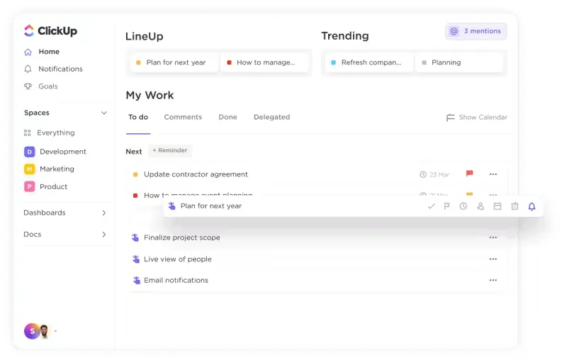 Función de recordatorios de ClickUp para la gestión de tareas