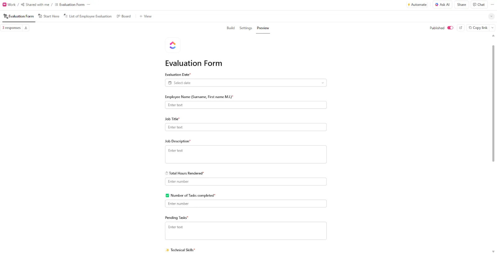 Šablona hodnotícího formuláře ClickUp