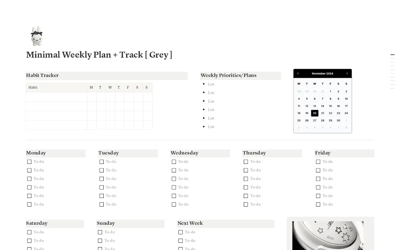 Minimal Weekly Plan + Track via Notion- Notion habit tracker templates