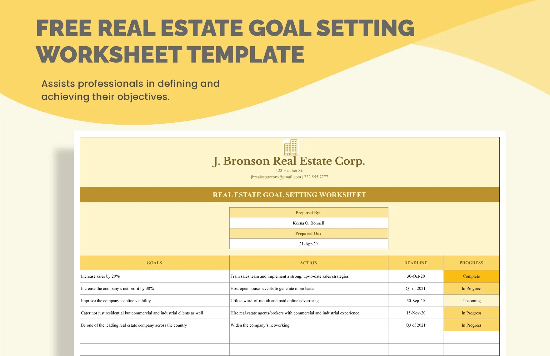 แบบฟอร์มตั้งเป้าหมายอสังหาริมทรัพย์โดย Template.net: แบบติดตามเป้าหมายใน Google Sheets