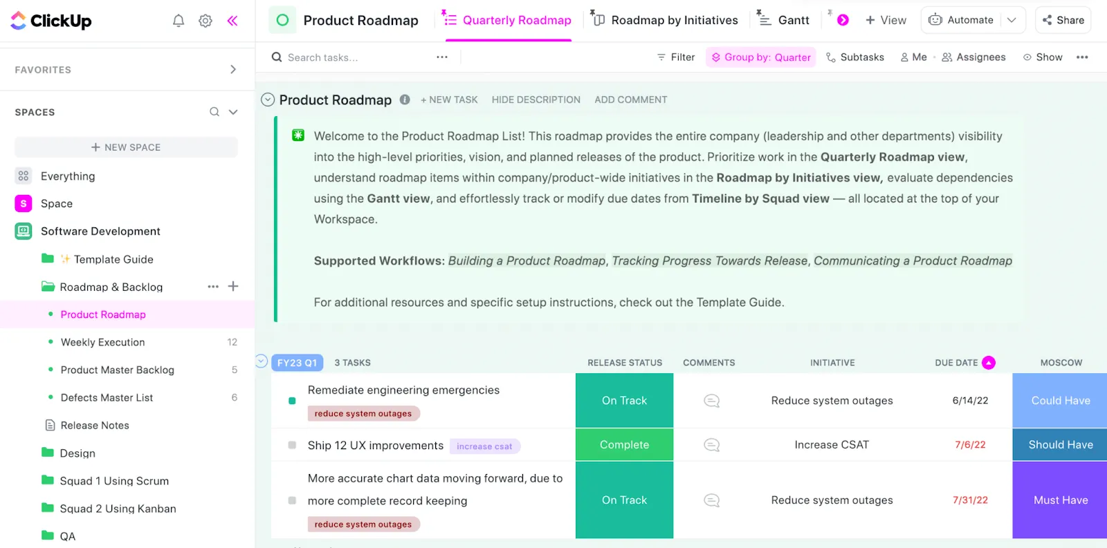 Roadmap dei prodotti ClickUp