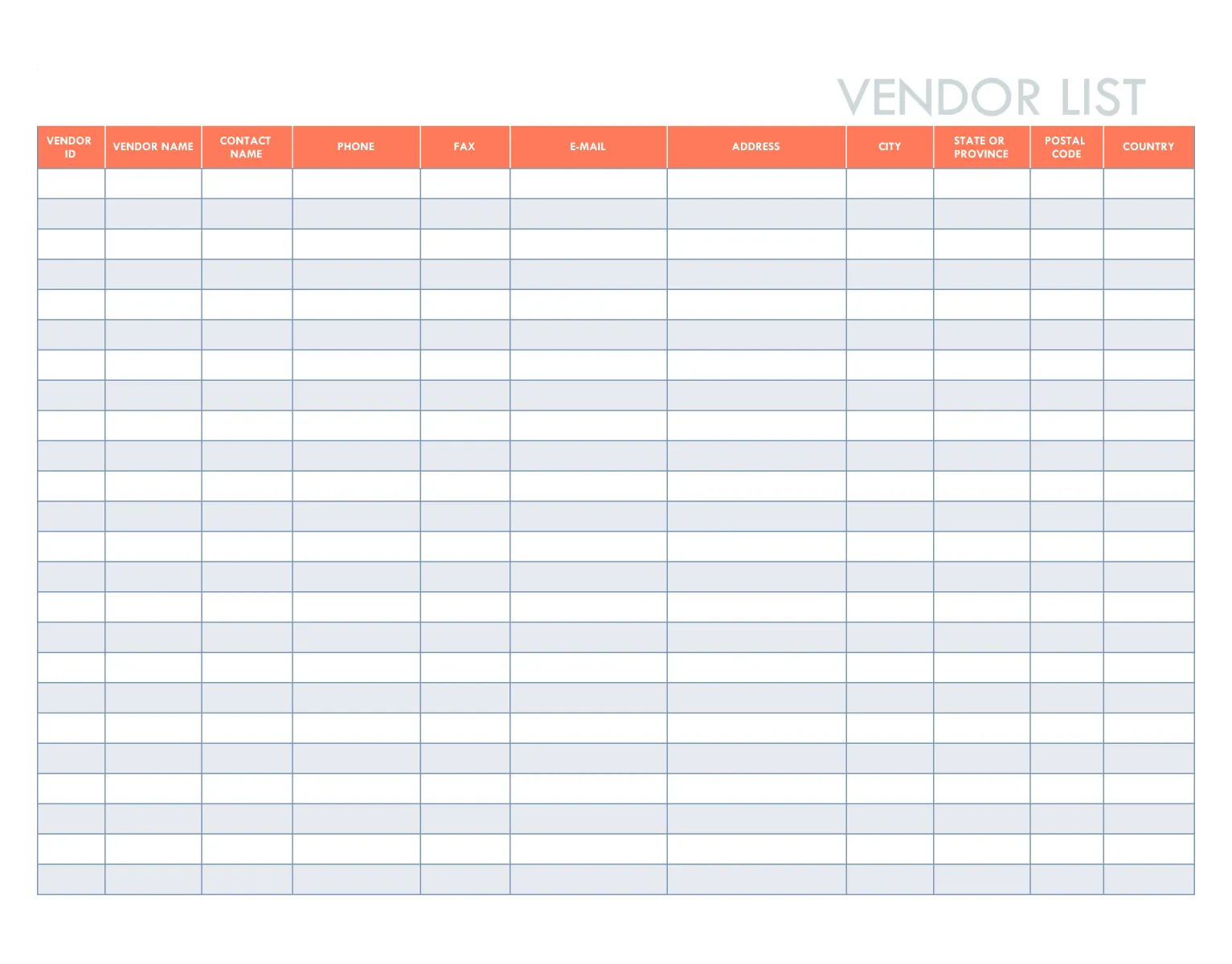 Vorlage für die Liste der Lieferanten in Excel von HubSpot