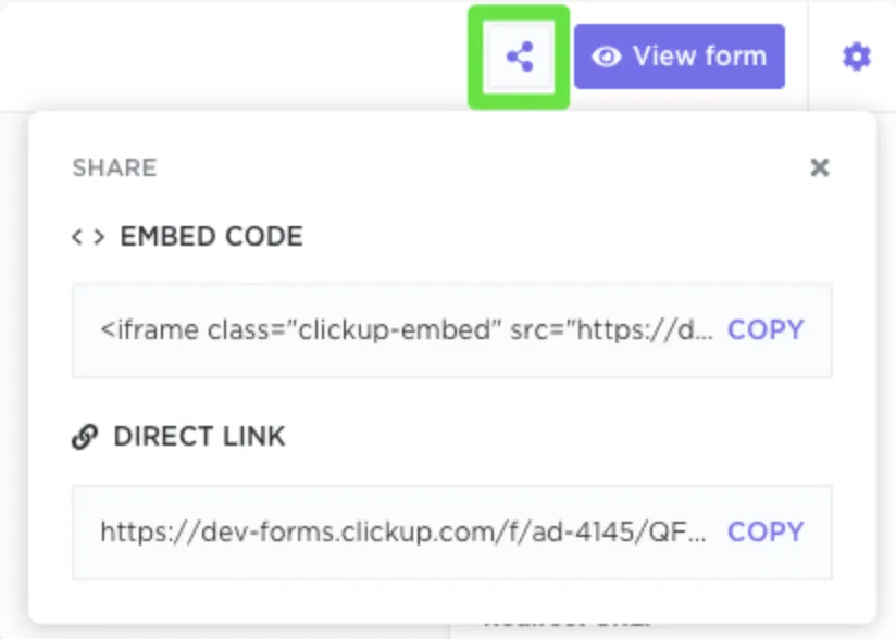 ClickUp Belgelerinde basit paylaşım düğmesi