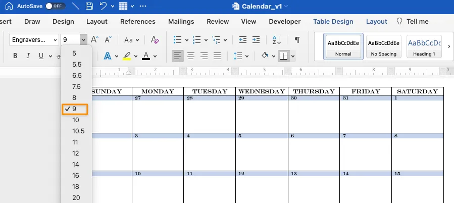 Lịch Microsoft Word tùy chỉnh