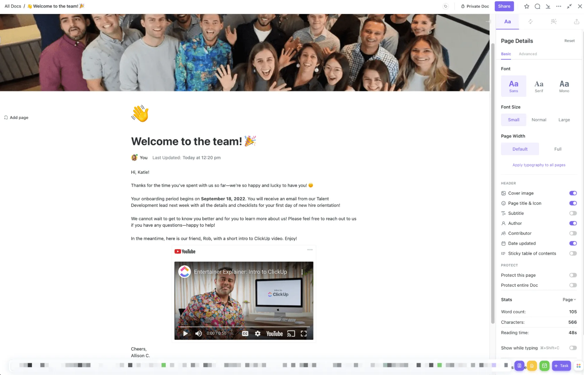 ClickUp Belgeleri Hoş Geldiniz Mektubu Örneği