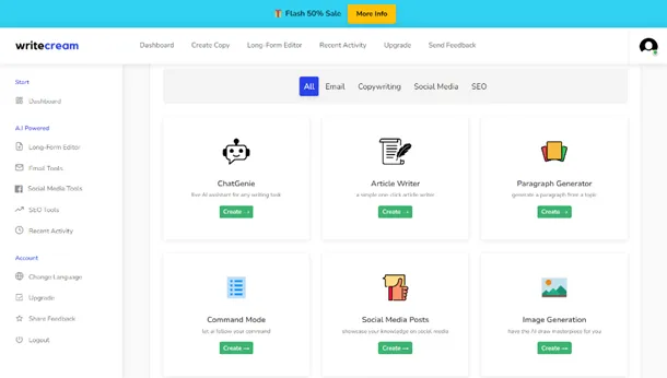 Writecream Dashboard: generátor skriptů AI