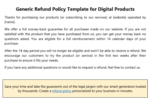 นโยบายการคืนสินค้า: แบบฟอร์มนโยบายการคืนสินค้าในรูปแบบ PDF โดย WebsitePolicies