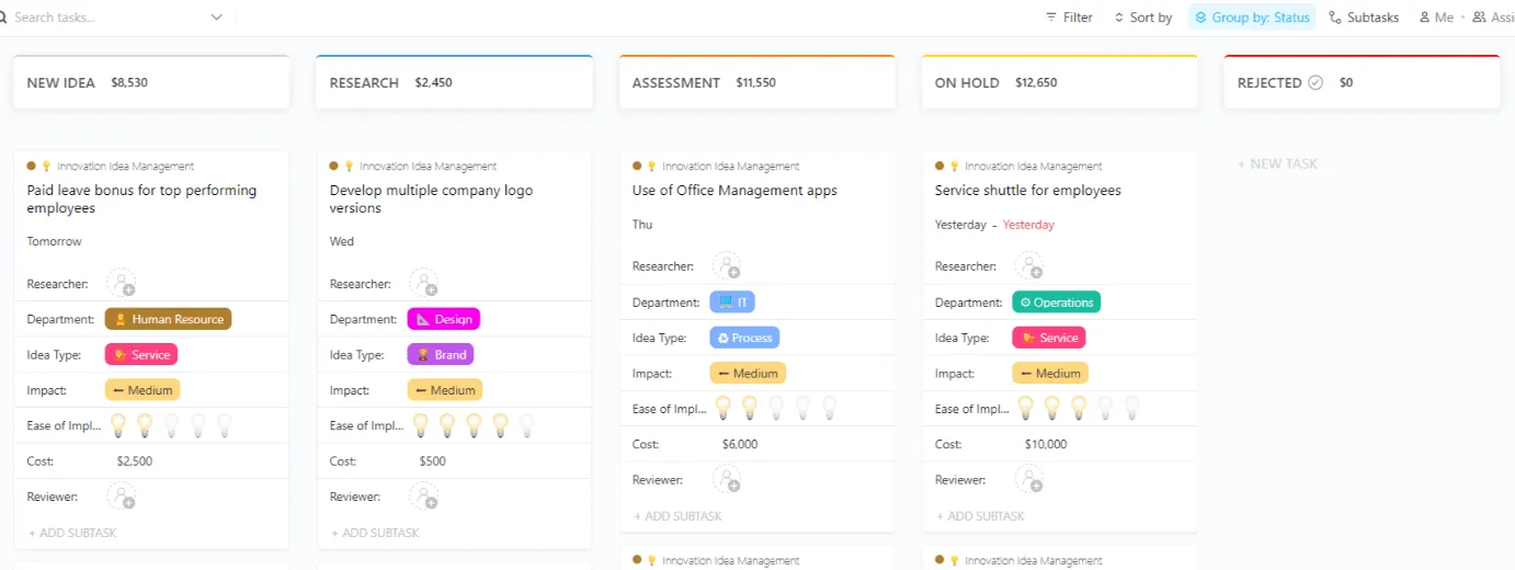 Mẫu quản lý ý tưởng đổi mới của ClickUp