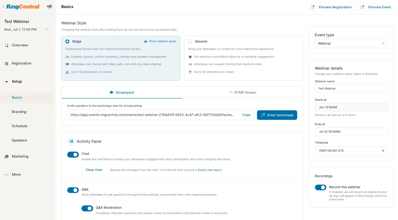 RingCentral Events ダッシュボード