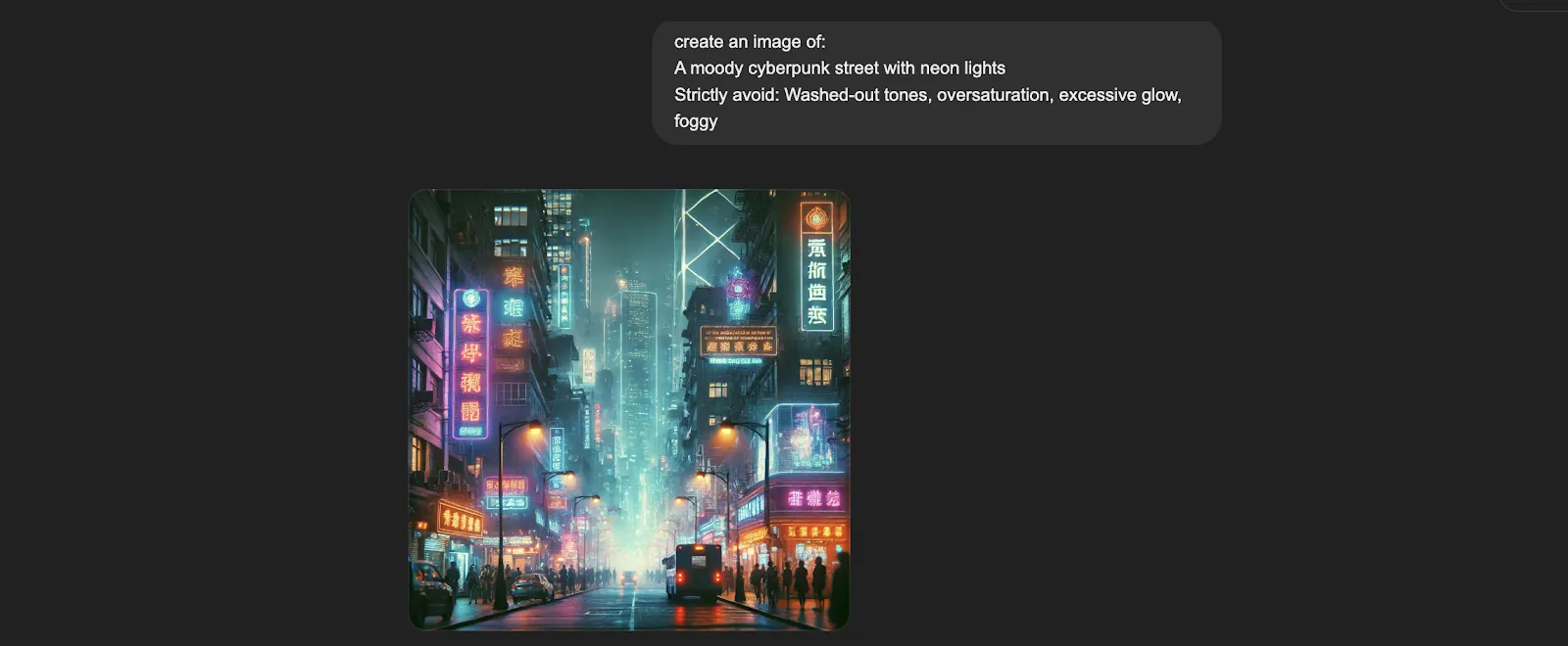 Exemplos de prompts negativos de IA: prompt negativo para rua cyberpunk com luzes de néon