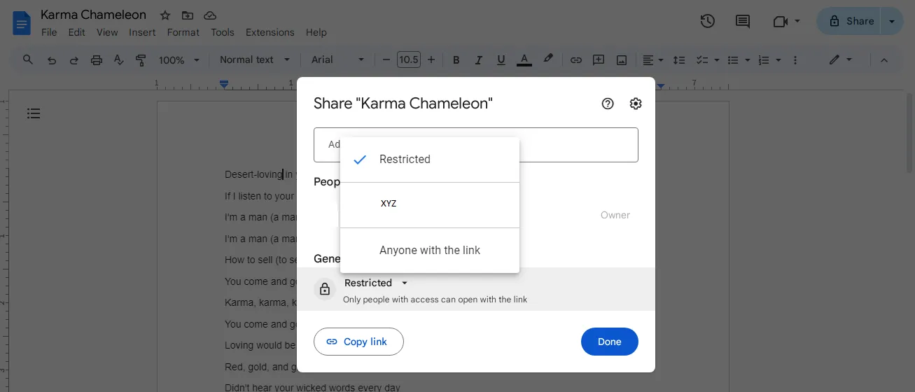 Opzioni di condivisione dei Documenti Google