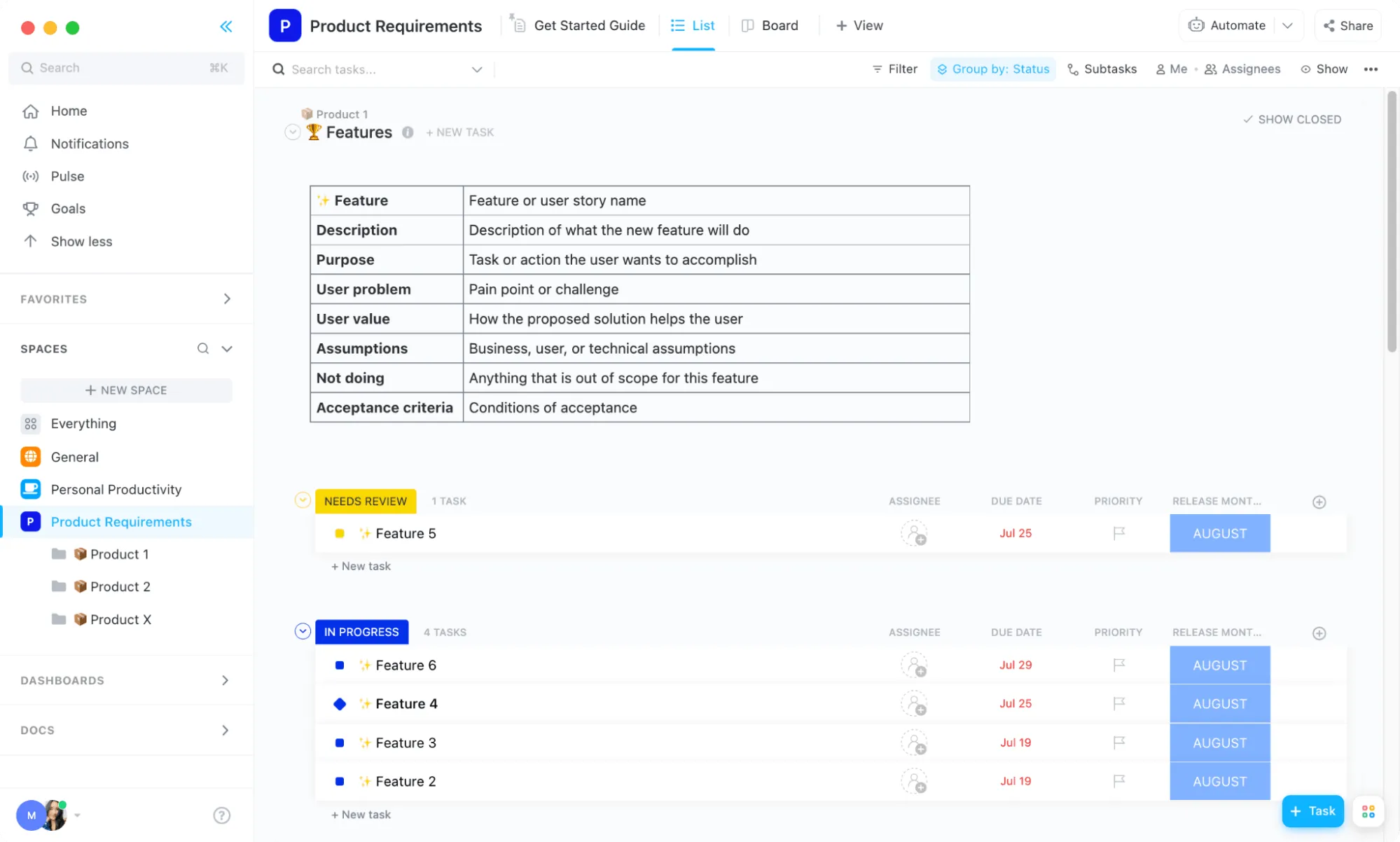 Modello dei requisiti di prodotto ClickUp
