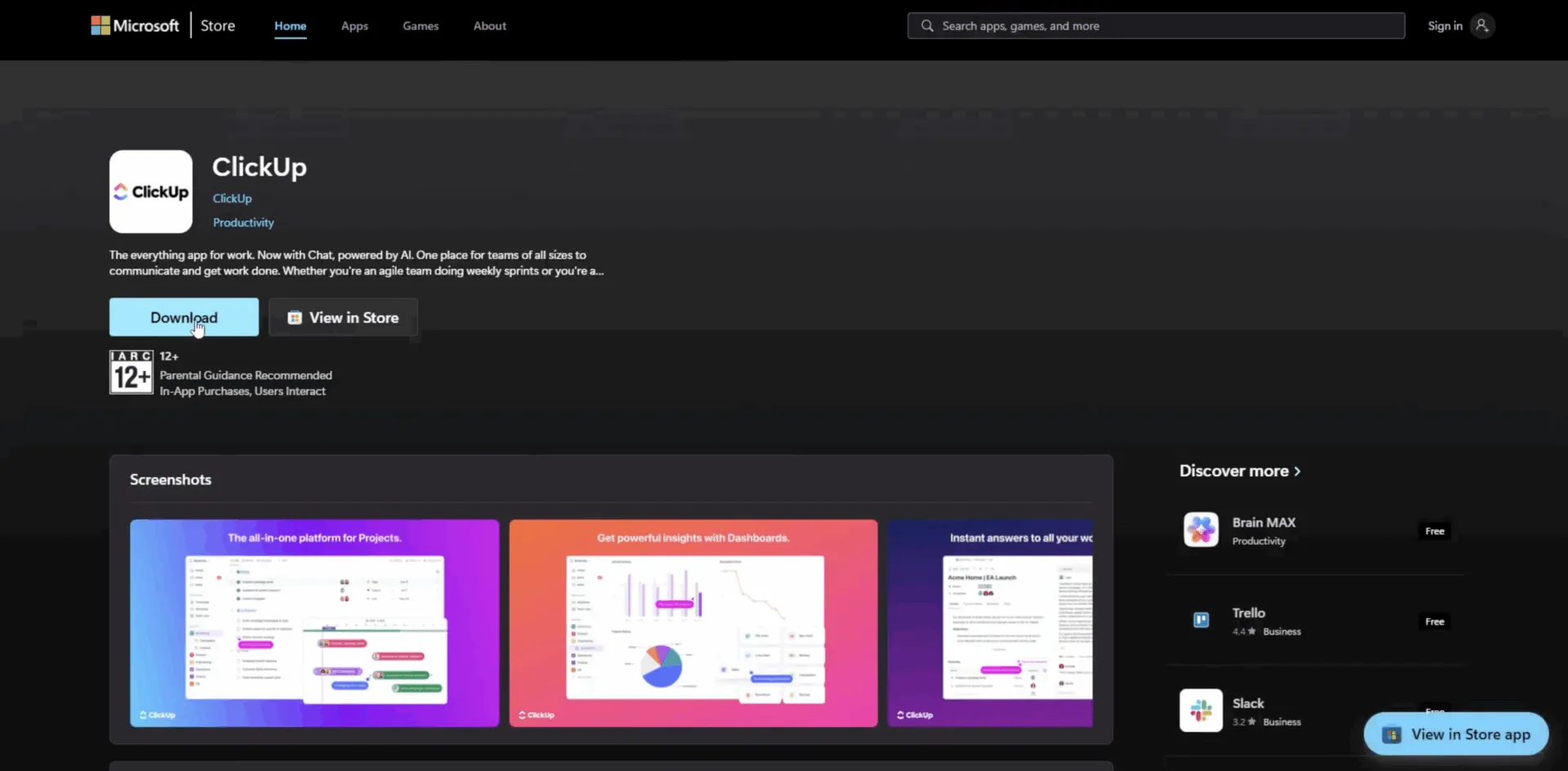 Sie werden zum Microsoft Store weitergeleitet. Klicken Sie auf die Schaltfläche „Herunterladen“, um die ClickUp-App zu erhalten.