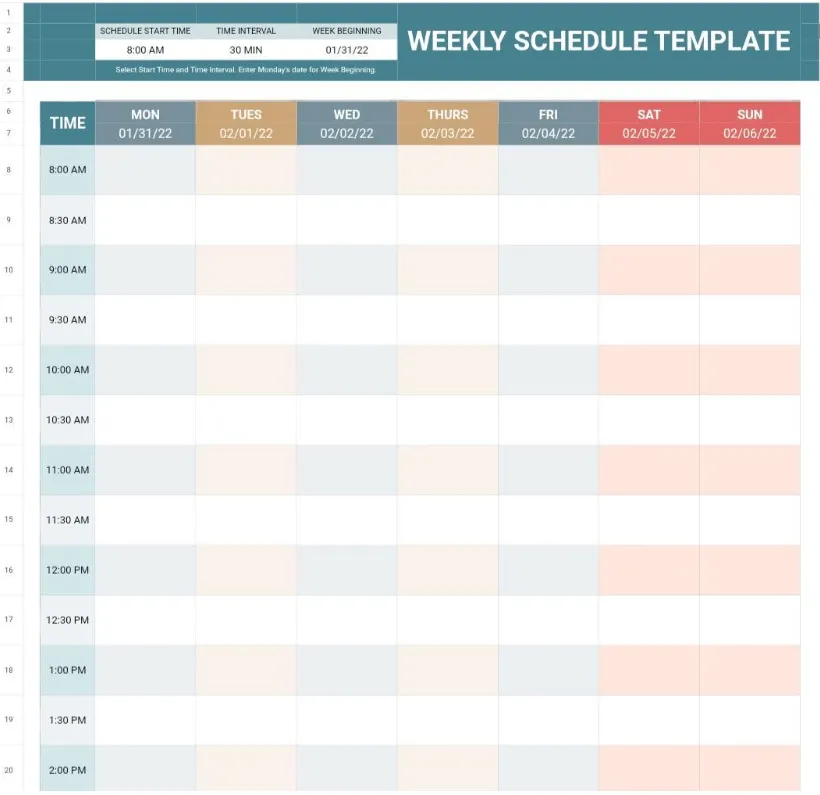 Šablona týdenního rozvrhu od Google Sheets Templates; šablona pro blokování času Google Sheets