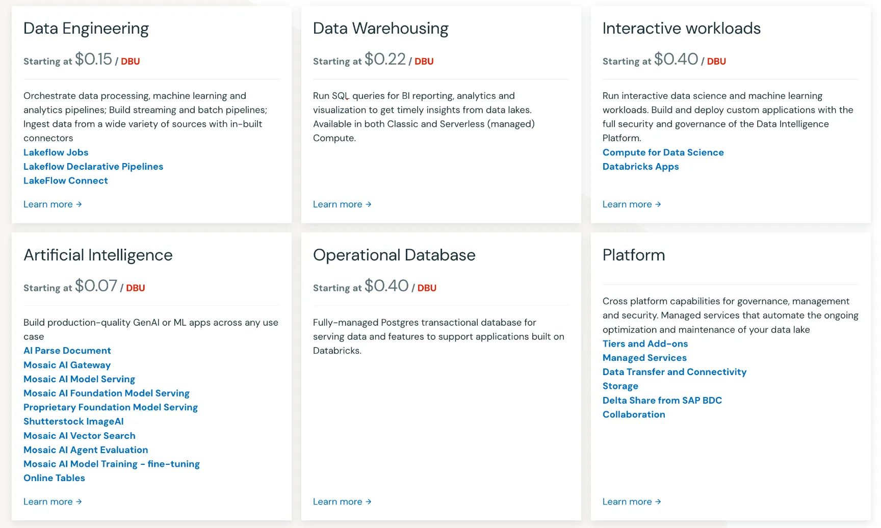 لقطة شاشة توضح أسعار Databricks