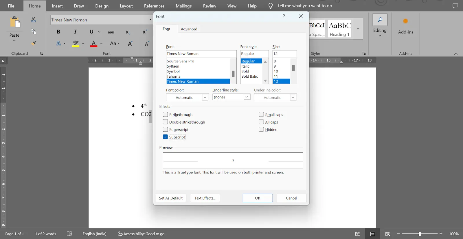 คลิกตัวเลือก 'Subscript' ในกล่องโต้ตอบ : ตัวเลขยกกำลังใน Word