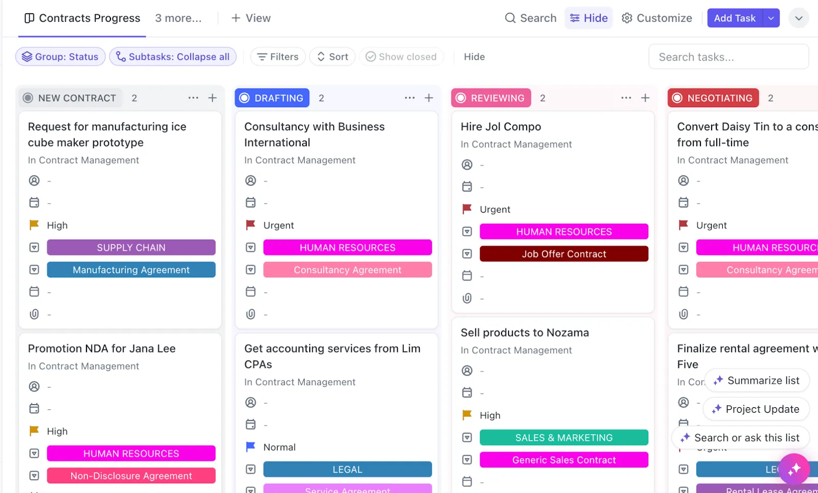 Permettez à votre équipe juridique de recevoir les demandes de contrats et de suivre leur progression grâce au formulaire de demande de contrat ClickUp.