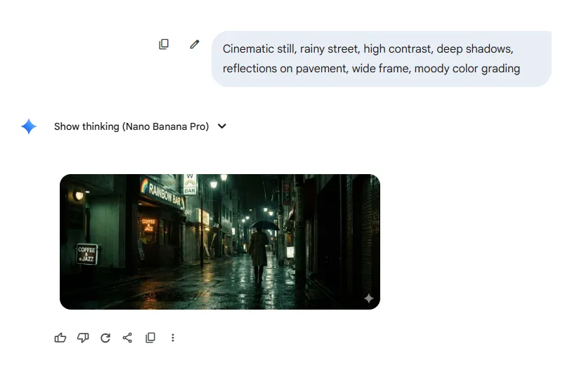 Filmisches Standbild, regnerische Straße, hoher Kontrast, tiefe Schatten, Reflexionen auf dem Bürgersteig, weites Bild, stimmungsvolle Korrektur der Farbe – Nano Banana-Prompts