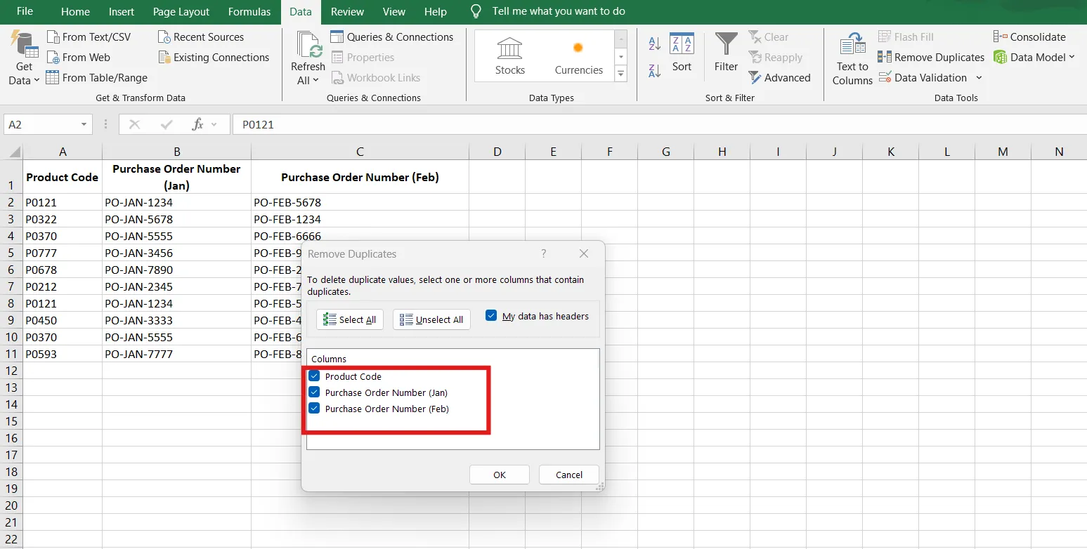 วิธีค้นหาข้อมูลซ้ำใน Excel - ระบุคอลัมน์ที่ต้องการตรวจสอบข้อมูลซ้ำ