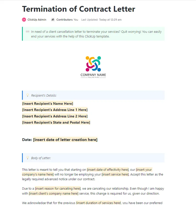 Crie cartas de rescisão profissionais sem esforço com o modelo de carta de rescisão de contrato do ClickUp.