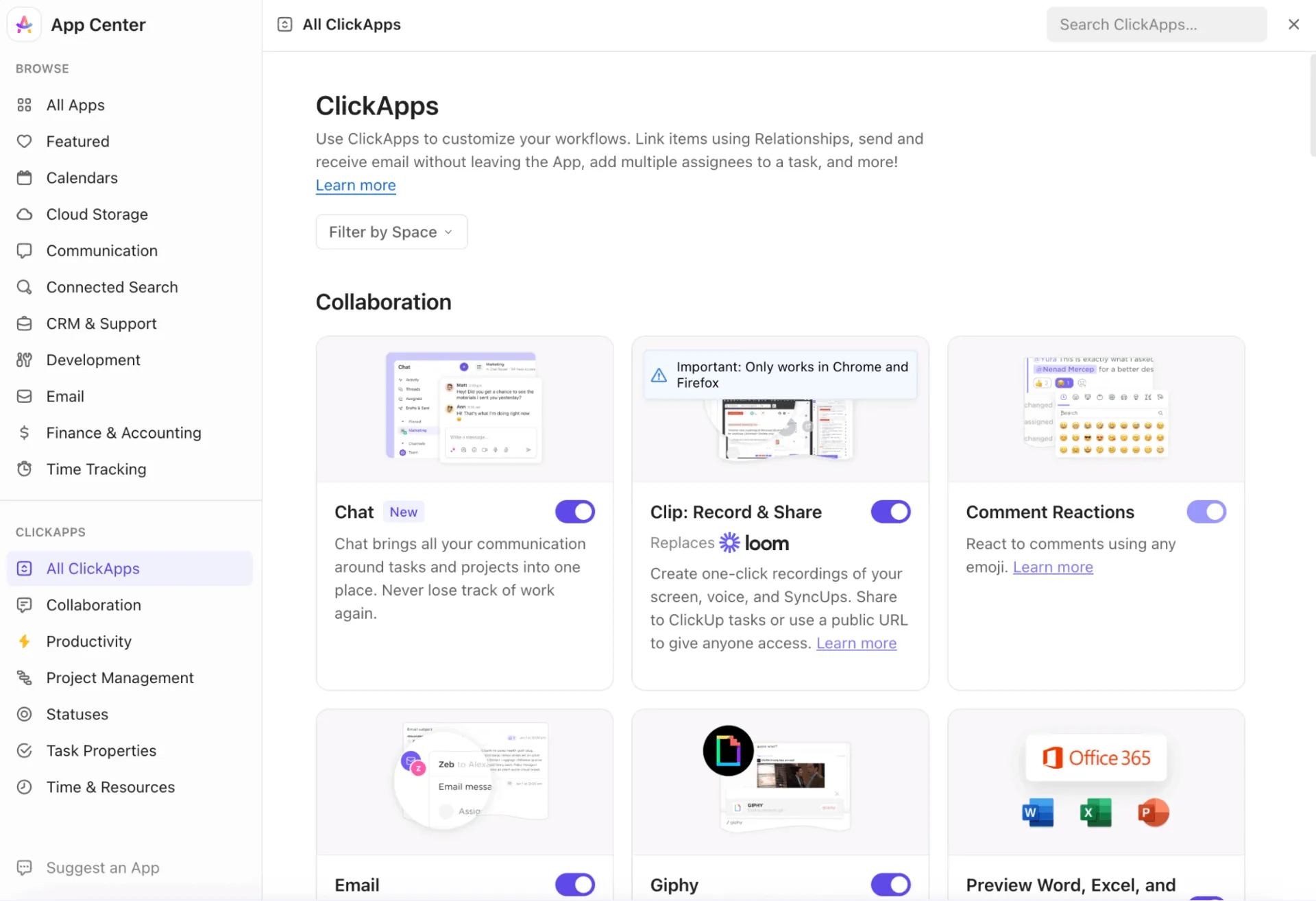 ClickApps: controles de recursos que personalizam a plataforma para lembrar os usuários dos fluxos de trabalho essenciais.