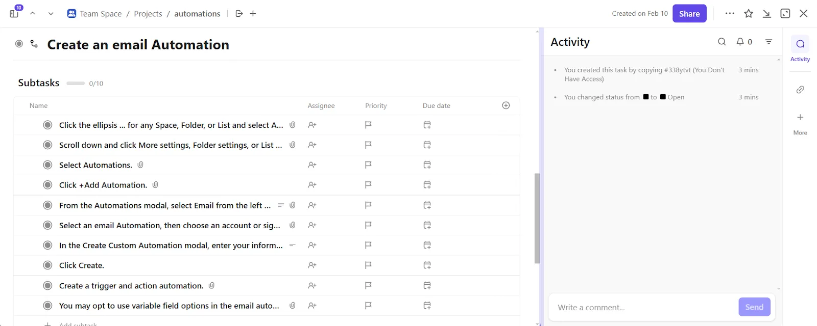 Simplifiez l'automatisation de vos e-mails grâce au modèle d'automatisation des e-mails de ClickUp.