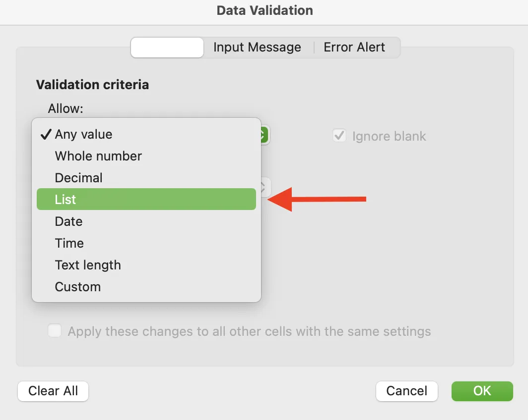 Option « Liste » dans la boîte de dialogue « Validation des données » dans Excel
