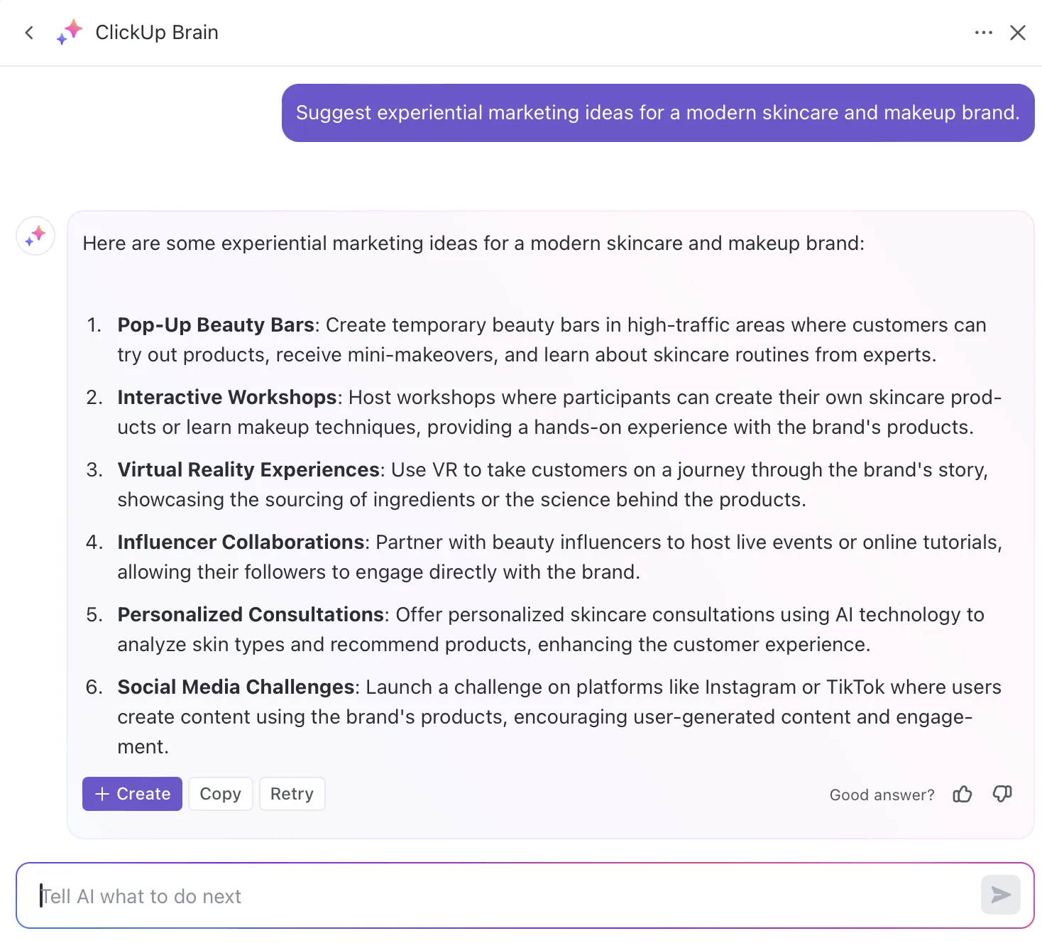 Sử dụng ClickUp Brain để tạo ra các ý tưởng tiếp thị trải nghiệm