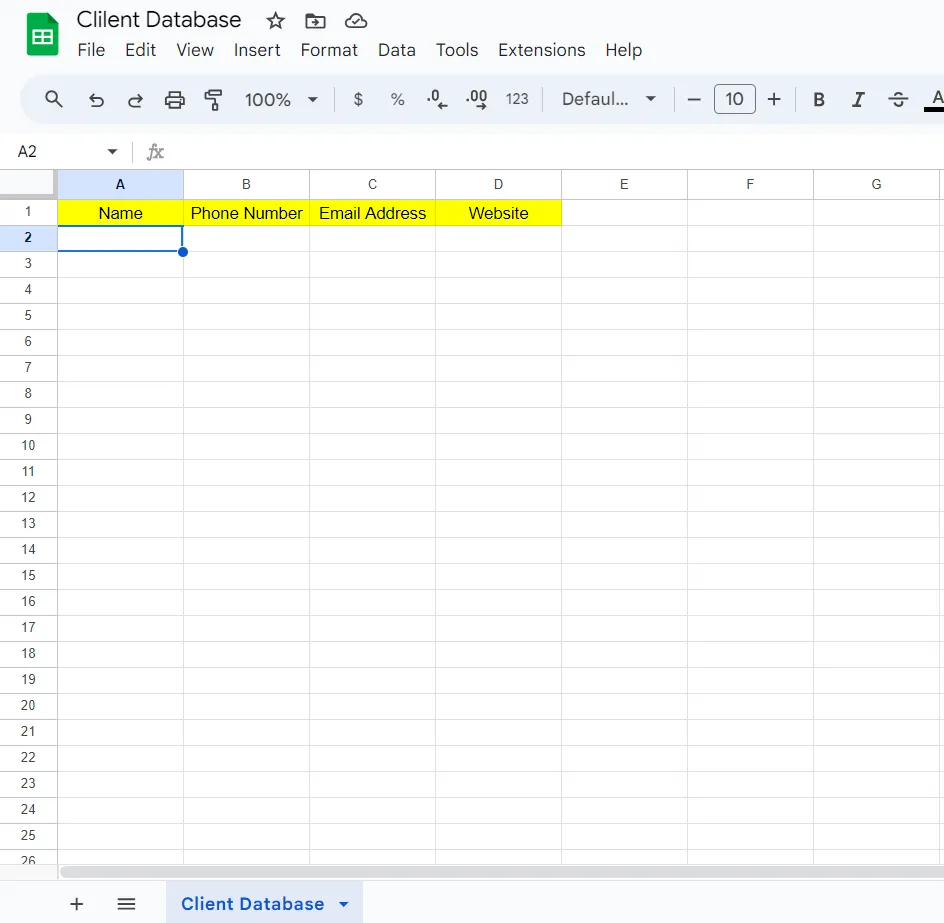 Creazione di un database in Fogli Google Passaggio 2