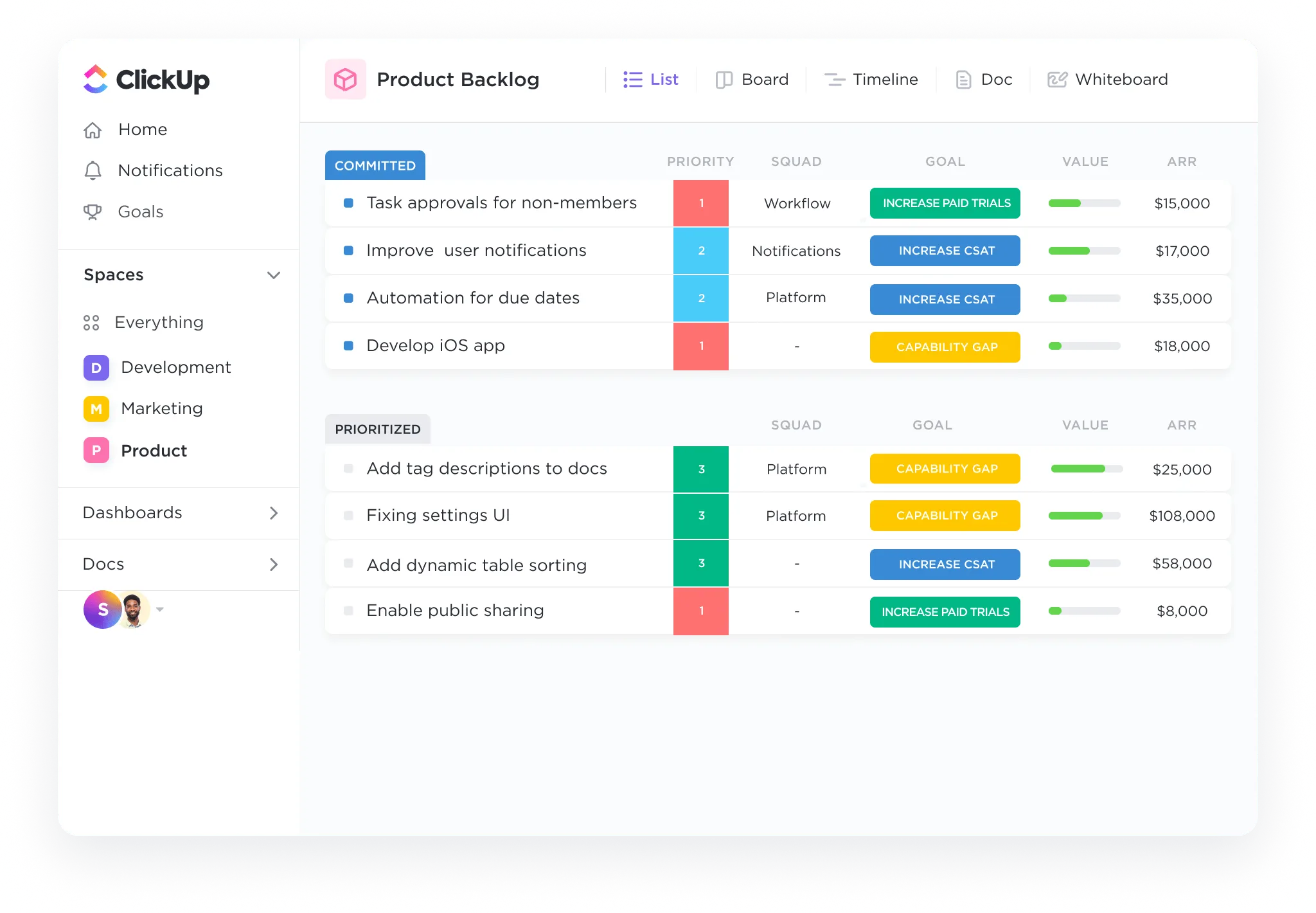 Beispiel für die ClickUp-Produkt-Backlog-Listenansicht