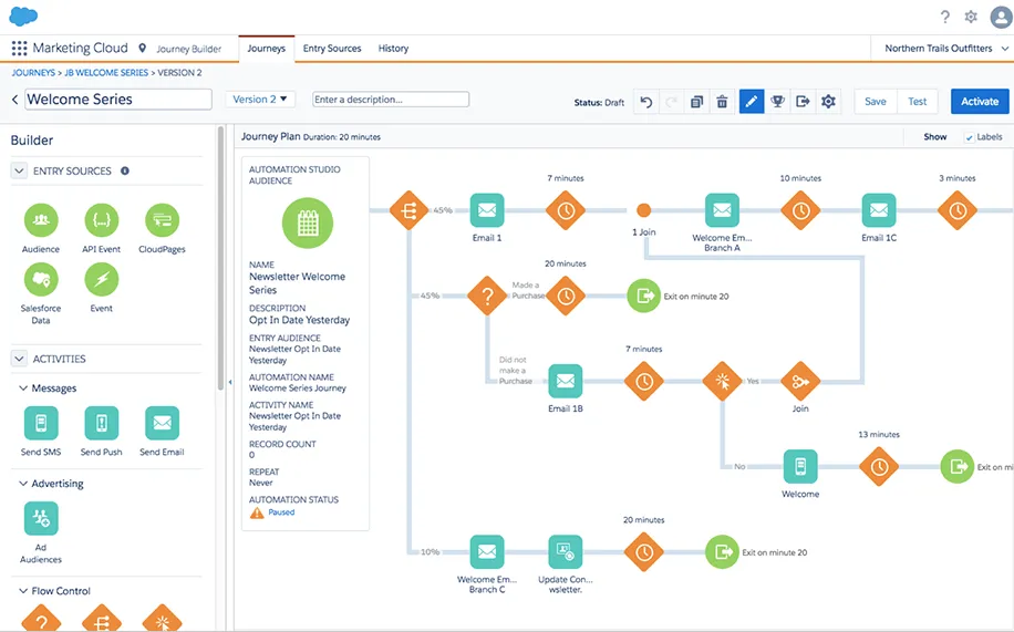 Salesforce Marketing Cloud - Journey Builder pour les spécialistes du marketing d'entreprise, facilitant la création et le déploiement de parcours clients basés sur les bonnes pratiques pour les conseillers, les propriétaires et les partenaires, avec des expériences ciblées et personnalisées sur tous les canaux et appareils.
