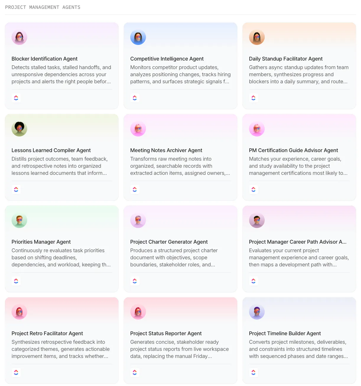Bibliothèque de modèles de répertoires d'agents IA ClickUp : agents IA pour la gestion de projet – image en fonctionnalité