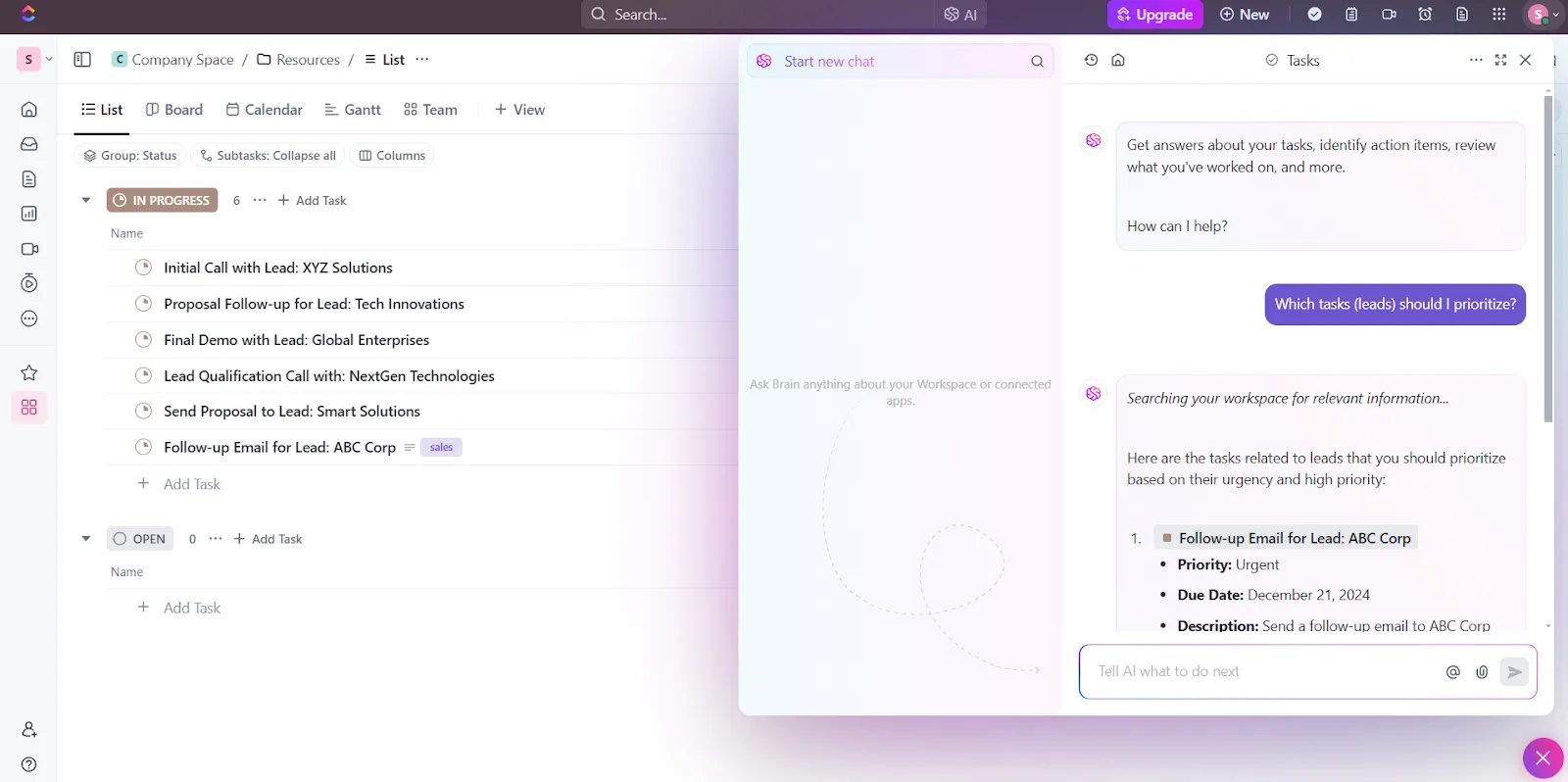 Využijte umělou inteligenci s ClickUp Brain k předvídání chování potenciálních zákazníků a zefektivnění rozhodování: Jak stanovit priority prodejních příležitostí