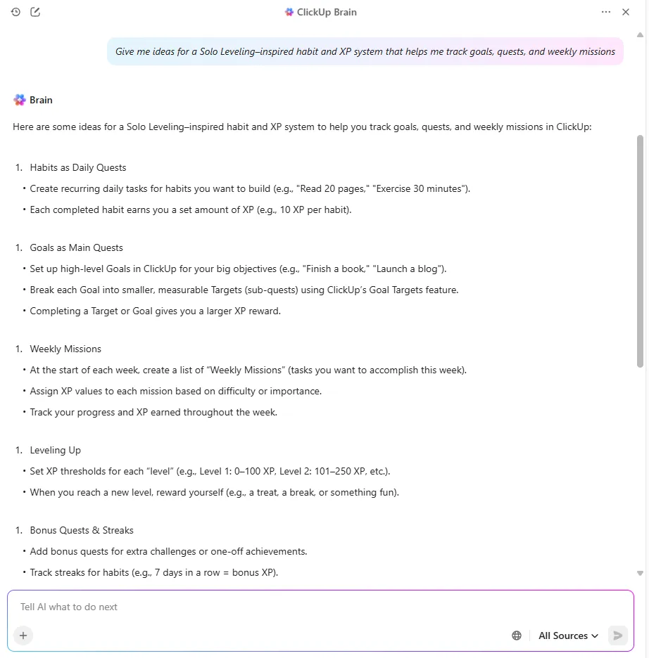 استخدم ClickUp Brain لتصميم نظام تتبع العادات المستوحى من Solo Leveling.