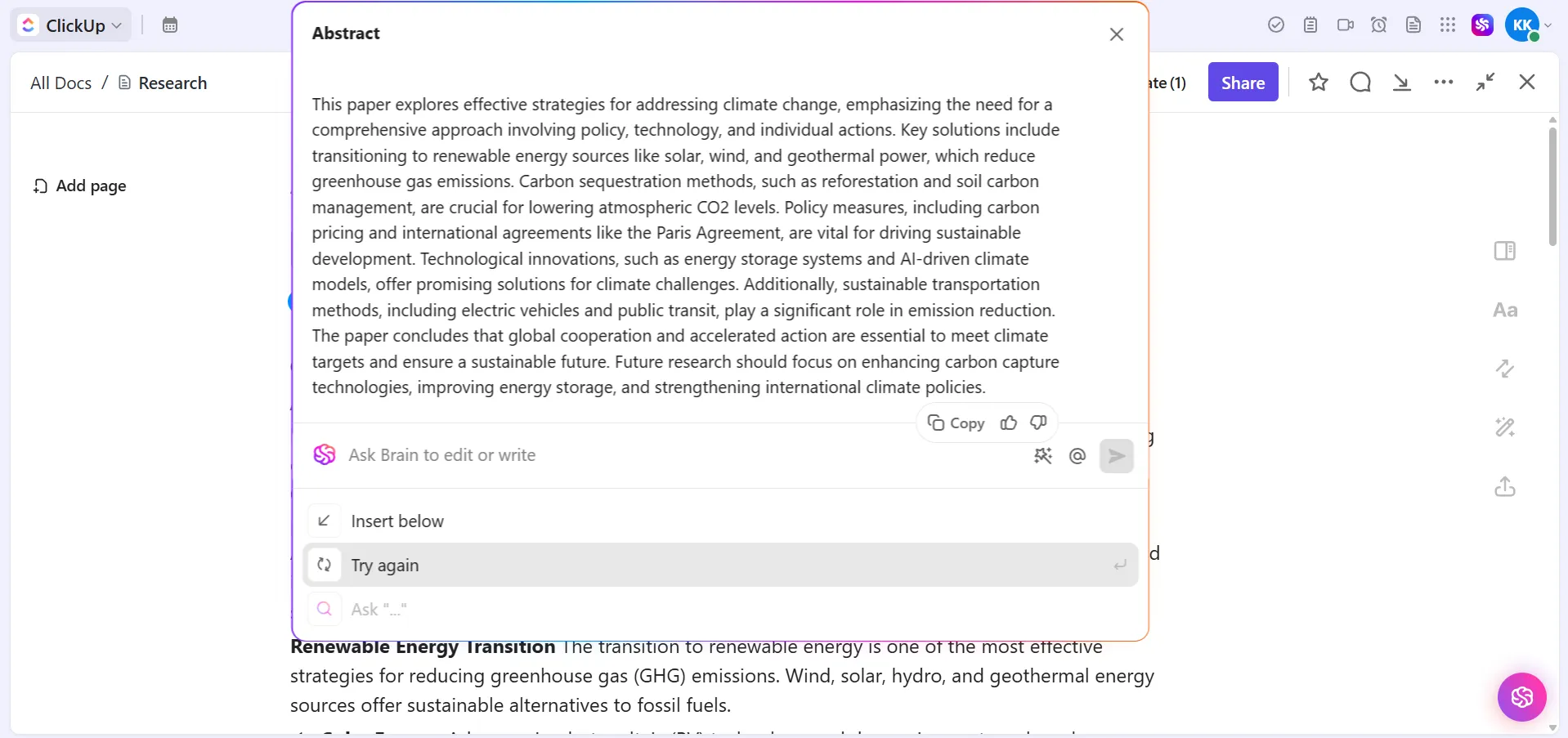 ขอให้ ClickUp Brain เขียนบทคัดย่อให้คุณภายใน ClickUp Docs โดยใช้คำสั่งผ่านเครื่องหมายทับ