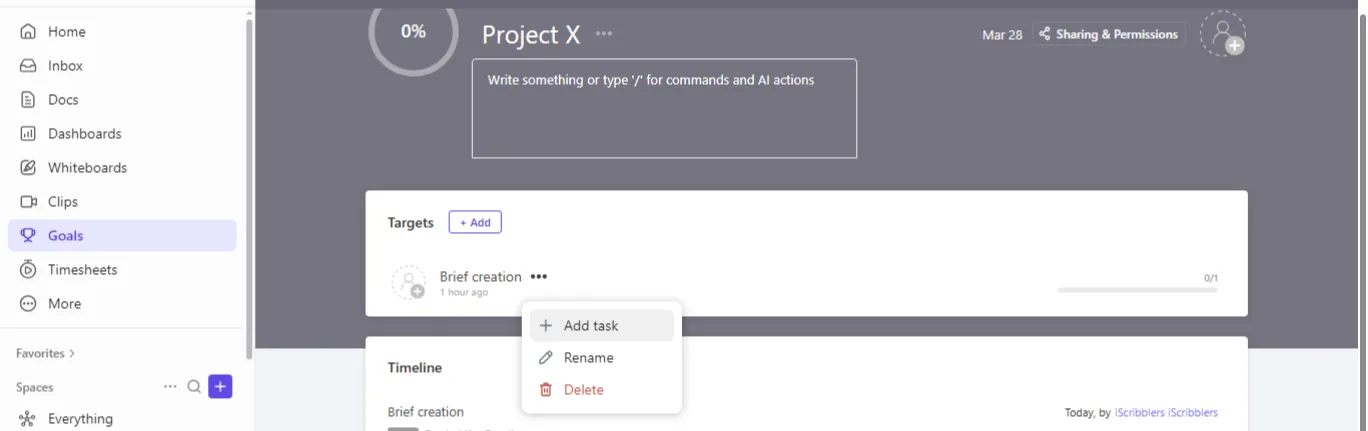 Aggiungere un traguardo di tipo attività in ClickUp Obiettivi
