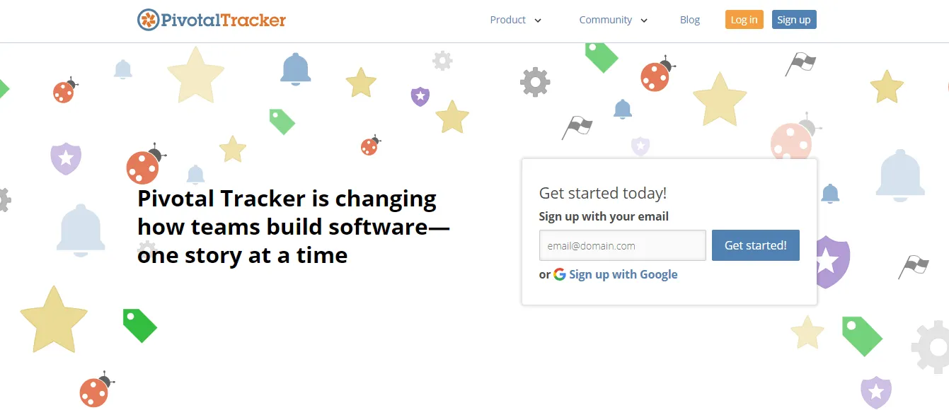 Página inicial do Pivotal Tracker
