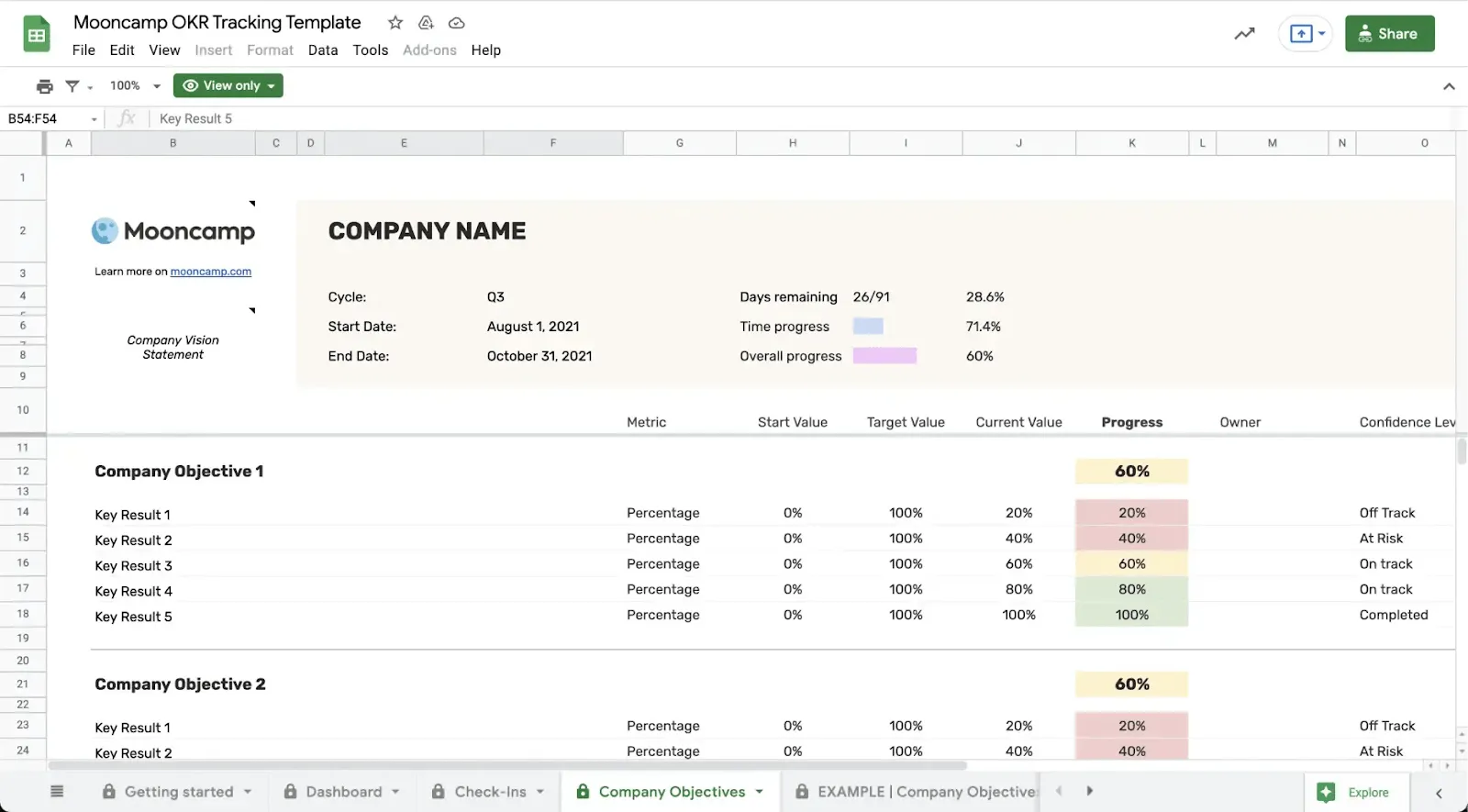 Шаблон за проследяване на OKR в Google Sheets от Mooncamp
