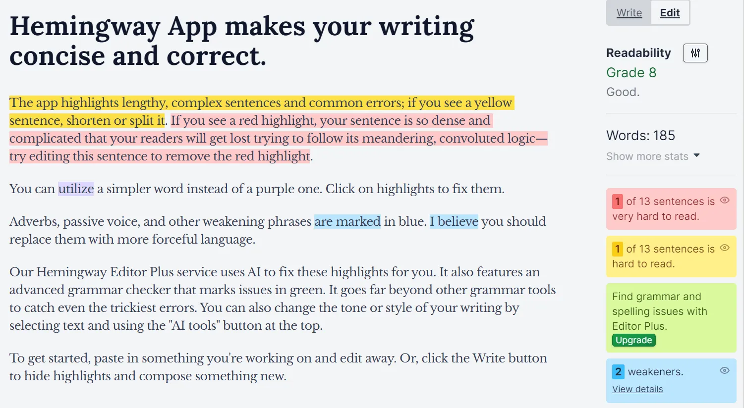 Hemingway App irányítópult