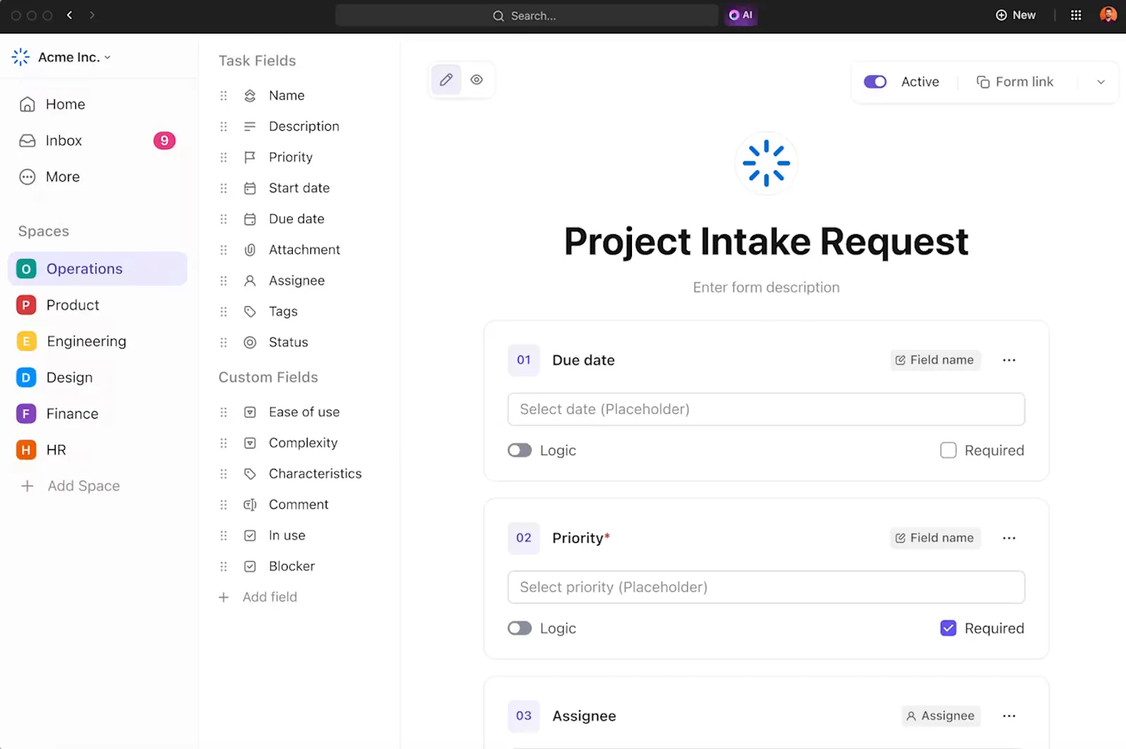 Software für die Annahme von Projekten: ClickUp-Formular-Ansicht
